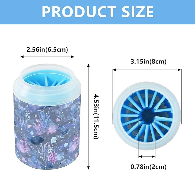 Dog Paw Cleaner Cups for Dogs Pets Foot Washer Paw Scrubber for Medium Small Cats Dogs Cute Cleaning Cup Blue Fish Coral Seaweed