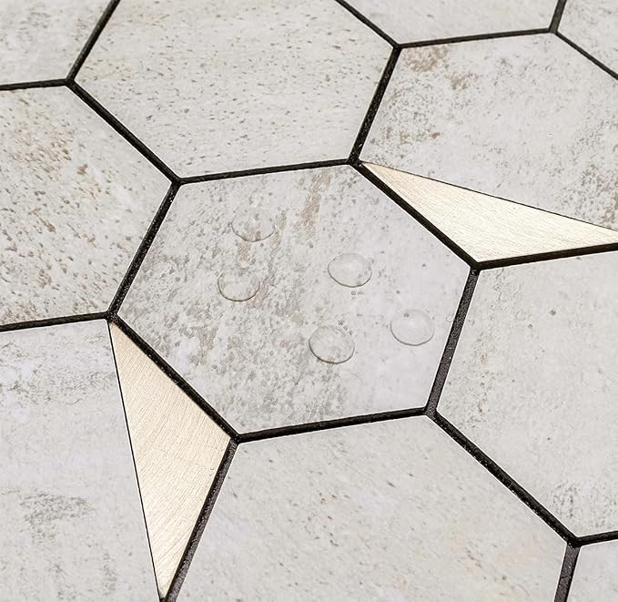 DICOFUN 1 Hexagon Tile Peel and Stick Backsplash, Beige Stone Look PVC Mixed Gold Metal Mosaic Tiles