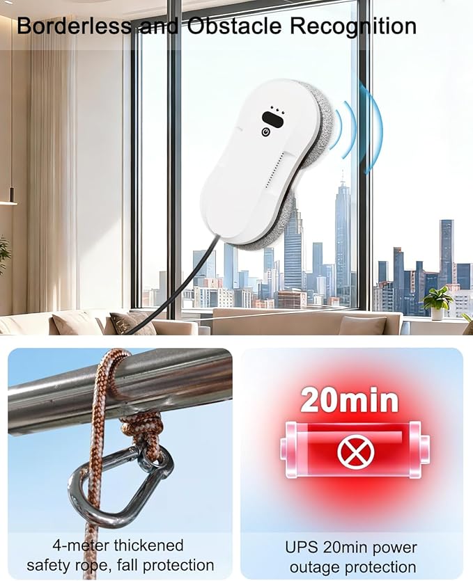 Window Cleaning Robot, Automatic Window Cleaner Robot with Dual Spray-50ml Tank, Edge Detection, Intelligent Path Planning, 3000pa Strong Suction, Anti-Drop Protection