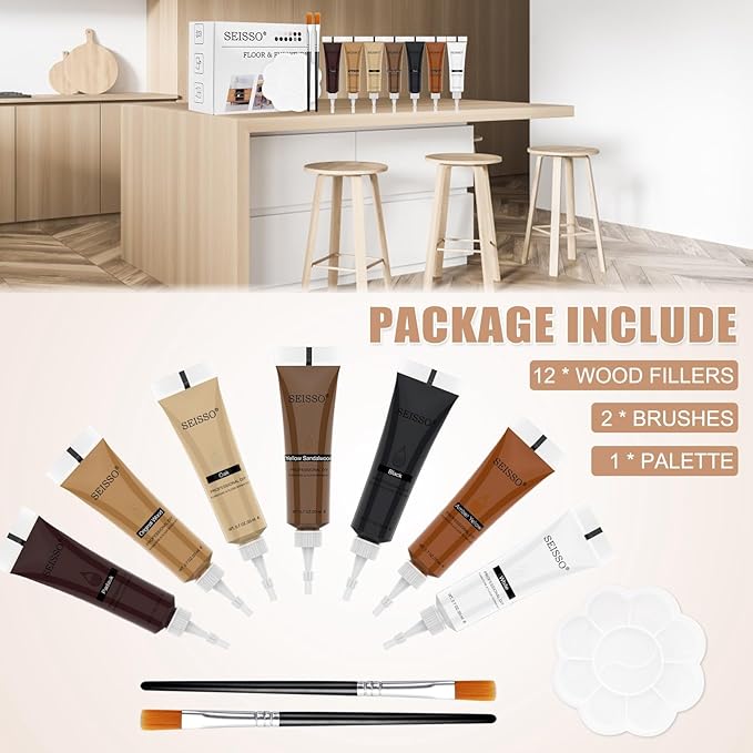SEISSO Furniture Repair Kit Wood Filler - 12 Pcs Touch Up Wood Restore Set Filler 12 Colors Furniture Scratch Kit with Tools, Wood Repair Kit for Scratches, Stains, Scorch, Wooden Floor, Door, Table