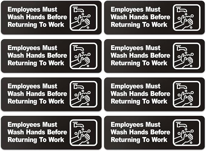 Faittoo Employees Must Wash Hands Before Returning to Work Sign, (8 Pack) 9 x 3 Inch Acrylic Plastic Sign with Symbols, Self-adhesive, for Restaurant, Hotel, Motel, Rest Stops, Public Restrooms