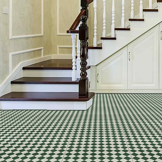 Elffloor Peel and Stick Floor Tile: 30pc 11.8 * 11.8in Self-Adhesive Waterproof Vinyl Flooring Green and White Tiles Sticker for Bathroom, Kitchen, Bedroom, Living Room