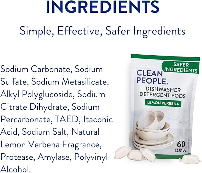 The Clean People Dishwasher Pods - Cuts Grease & Rinses Sparkling Clean - Residue-Free - Phosphate Free Dishwashing Pods (60 Count, Lemon Verbena) (Pack of 2)