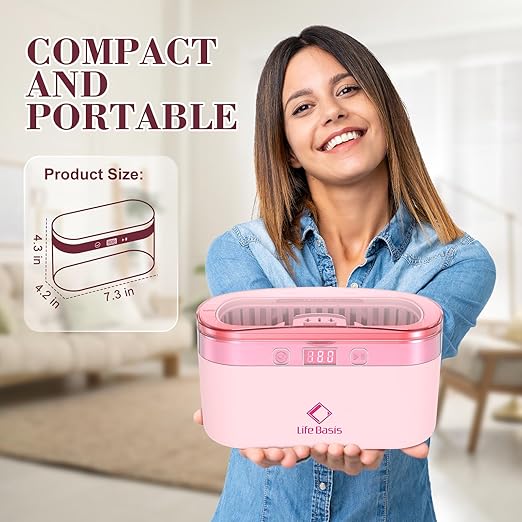 LifeBasis Ultrasonic Jewelry Cleaner, 17 OZ Ultrasonic Cleaner with 42kHz, Portable Jewelry Cleaner with 5 Cleaning Timer and Watch Holder for Jewelry Eyeglasses Watches Gold - Pink