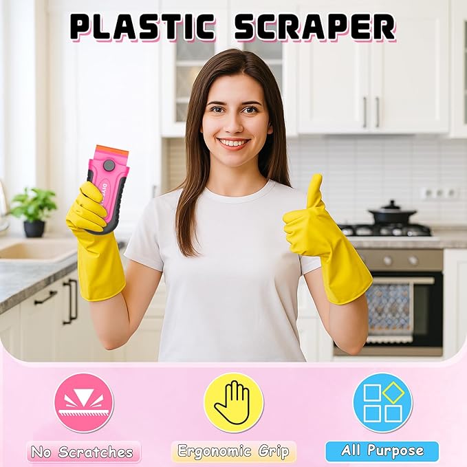 DIYSELF 2 Pcs Plastic Razor Blade Scraper with 10 Pcs Blades, Plastic Scraper Tool for Adhesive Remover, Scrapers for Cleaning Stickers, Decals, Glass, Windows, Car, No Scratches (Pink)