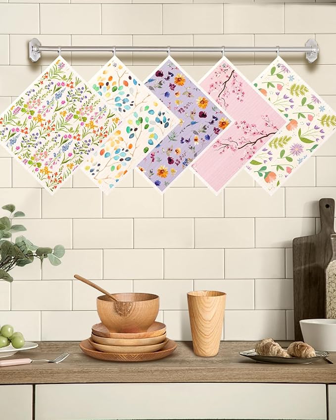 Swedish Dishcloths for Kitchen with Hooks - Reusable Dish Cloths for Washing Dishes Fast Drying Cute Fun 5 Pack Swedish Dish Towels Washable Cleaning Sponge, Elegant Flowers