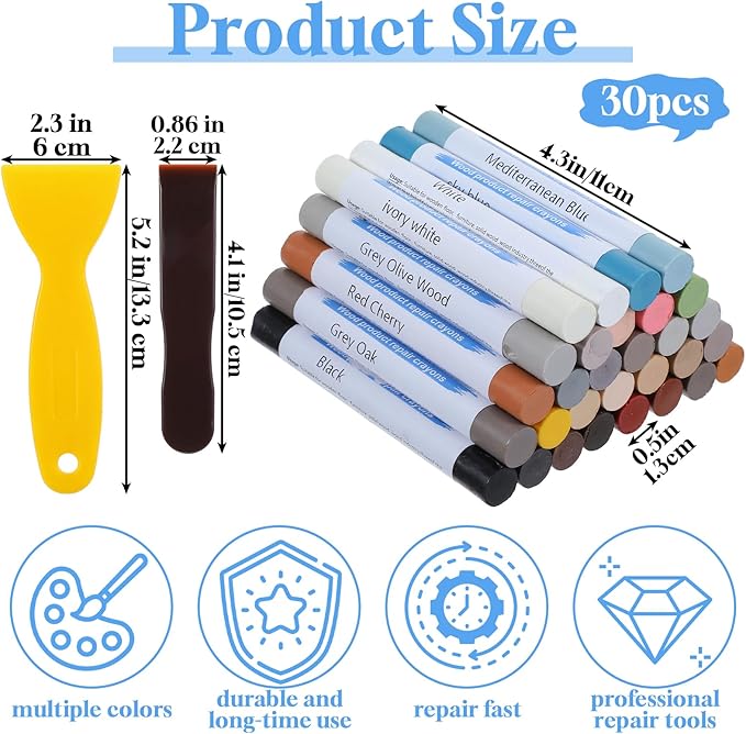 30+2Pieces Wood Filler Sticks, 30 Colos Wood Filler Putty Wax Crayons Furniture Repair Kit Putty Stick for Baseboard Cabinets Furniture Floors(with 2 Scrapers)