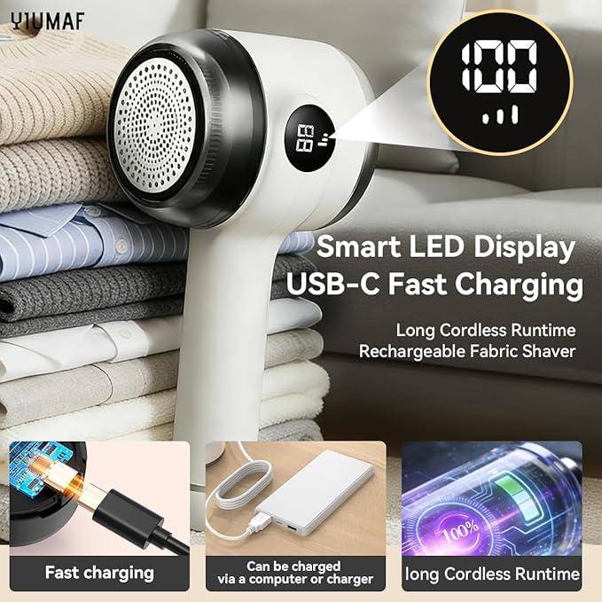 Cordless Rechargeable 2-in-1 Fabric Shaver & Lint Remover for Clothes, Electric Pill Remover with Static Brush for Sweater, Sofa, Blanket, Furniture,3-Speed, USB-C, 6-Blade