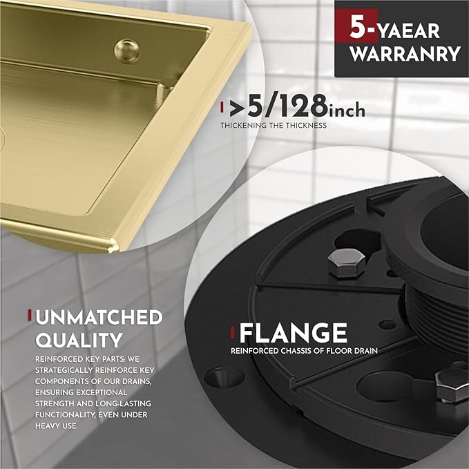 WEBANG 4 Inch Square Shower Floor Drain with Flange,Quadrato Pattern Grate Removable,Food-Grade SUS 304 Stainless Steel,Watermark&CUPC Certified, Brushed Gold