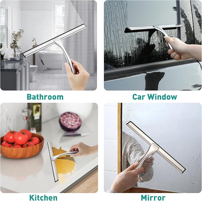 Shower Squeegee for Glass Doors,10-Inch Shower Glass Squeegee, Sliver Shower Squeegee for Shower Doors,Mirror,Windows, with Shower Door Hook and Adhesive Hook