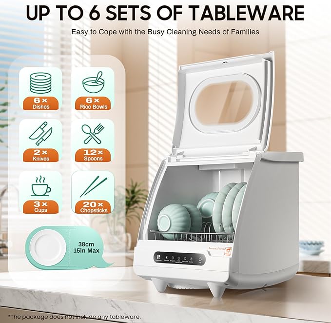 Portable Countertop Dishwasher, 5 Wash Programs, 1200W Mini Countertop Dishwasher with Tank Leak Proof Drying, Portable Compact Dishwasher for Apartment/Kitchen/RV/Camping
