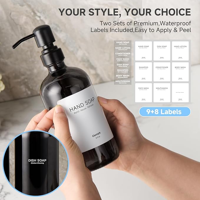 2 Pack Kitchen Soap Dispenser Set - 16oz Black Glass Dish and Hand Soap Dispenser with Stainless Steel Pump, Instant Dry Tray, Dish Brush & Holder, Refillable Countertop Sink Decor for Kitchen & Bath