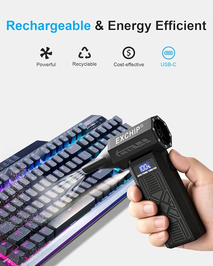 2-in-1 Compressed Air Duster & Vacuum – 150000RPM Electric Air Duster Rechargeable with Color Display, LED Light, 4-Speed Adjustable Mini Air Blower Cordless Duster for Keyboard, Printers, Car