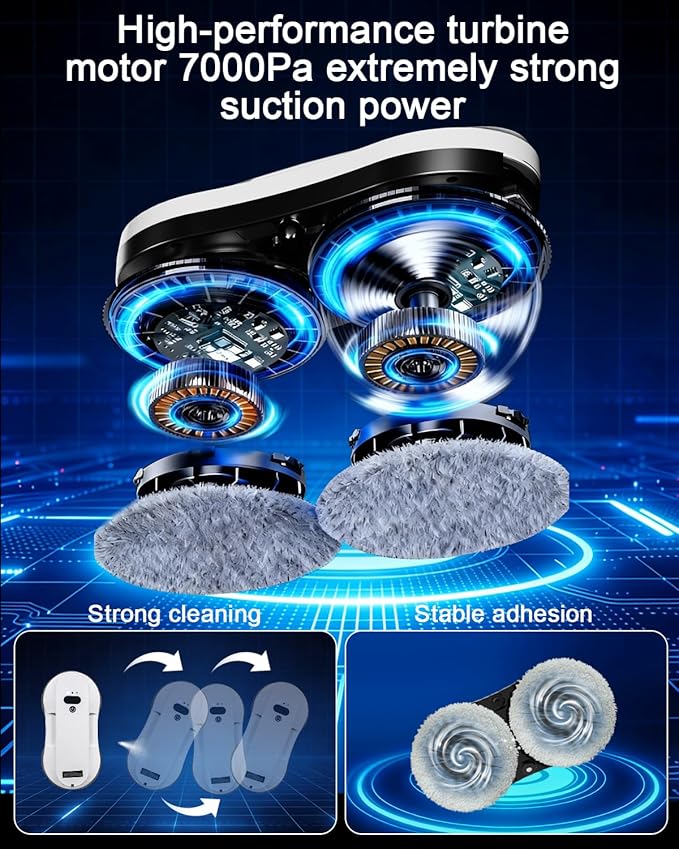 Window Cleaning Robot, Automatic Window Cleaner Robot with Dual Spray-50ml Tank, Edge Detection, Intelligent Path Planning, 3000pa Strong Suction, Anti-Drop Protection