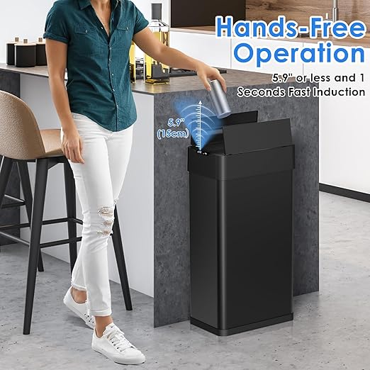 Arlopu 18.5 Gal Automatic Trash Can, 70 Stainless Steel Motion Sensor Garbage Bin, Touchless Brushed Wastebasket, W/Butterfly, Soft-Close Lid, for Living, Dinning Room, Kitchen ((Black)