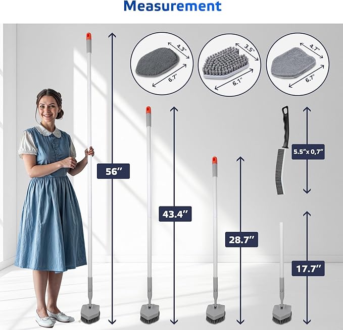 DSV Standard Tile Tub Scrubber Brush Shower Scrubber with Long Handle, 3-in-1 Cleaning Brush with 3 Detachable No Scratch Brush Heads, 56’’ Scrub Brush for Shower, Bathroom, Wall, Kitchen, Sink,Toilet