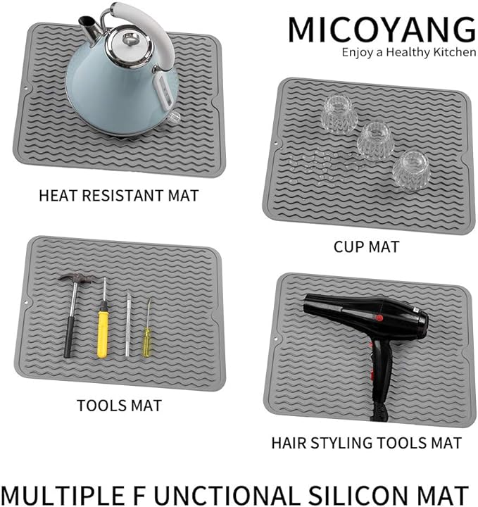 Silicone Dish Drying Mat for Multiple Usage,Easy clean,Eco-friendly,Heat-resistant Silicone Mat for Kitchen Counter or Sink,Refrigerator or drawer liner Grey L 16 inches x 12 inches