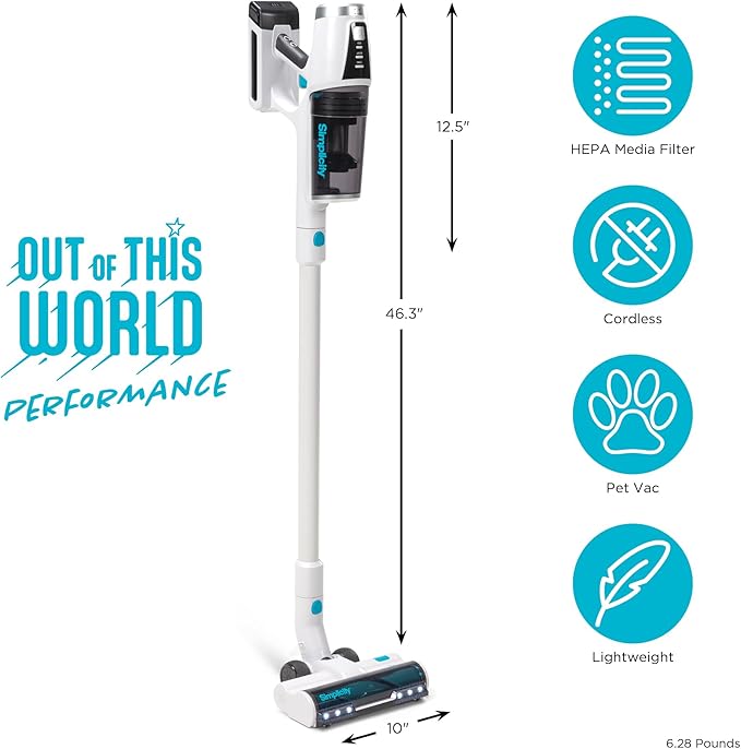 Simplicity Vacuums S67 Bundle, Stick Cordless Vacuum Cleaner and SF67 HEPA Media Filter Set, Powerful on Hardwood Floor and Carpet, Rechargeable Lightweight Cleaner for Home, Pet Hair