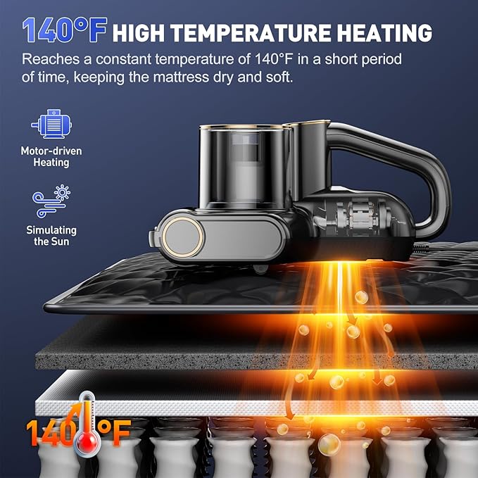 Mattress Vacuum Cleaner, Bed Vacuum Cleaner with 16Kpa Suction 253.7nm UV-C Light, Ultrasonic & High Heating, 500W Powerful Double-Cup Handheld Vacuums for Bed, Sofa, Couch, Crib, 16.4FT Corded
