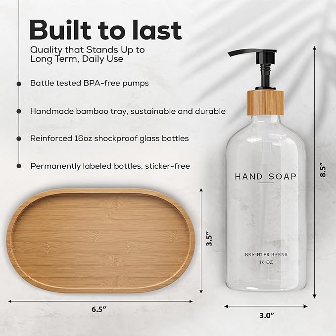 Clear Glass Soap and Lotion Dispenser Set with Tray by Brighter Barns - Hand Soap Dispenser Bathroom Set - Liquid Soap Dispenser and BPA-Free Pump - Neutral Home Decor & Modern Bathroom Accessories