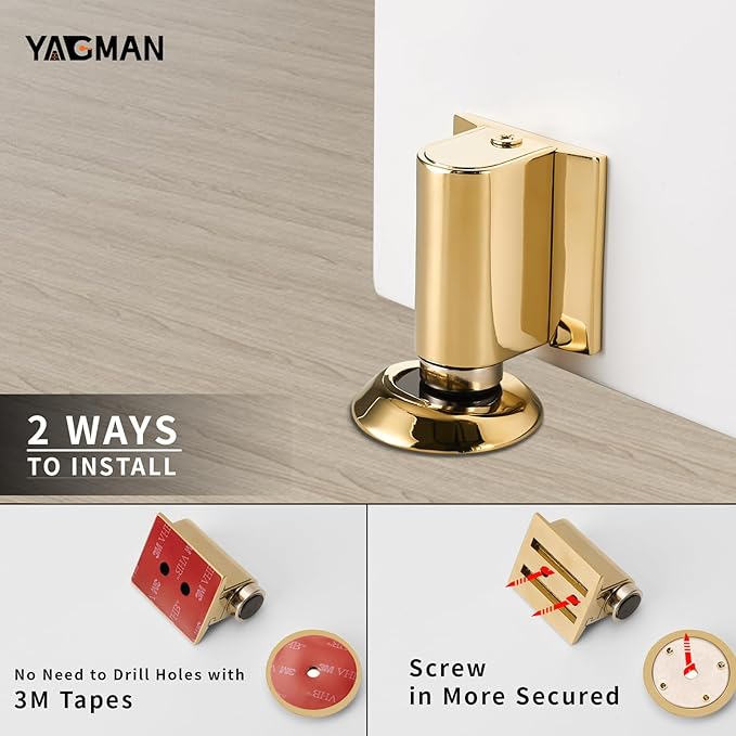Magnetic Door Stopper, Magnet Floor Door Stop Retractable, Door Magnetic Catch, Door Holder to Keep Door Open, No Drilling Mount with Adhesive, Polished Gold 1 Pack PG-1