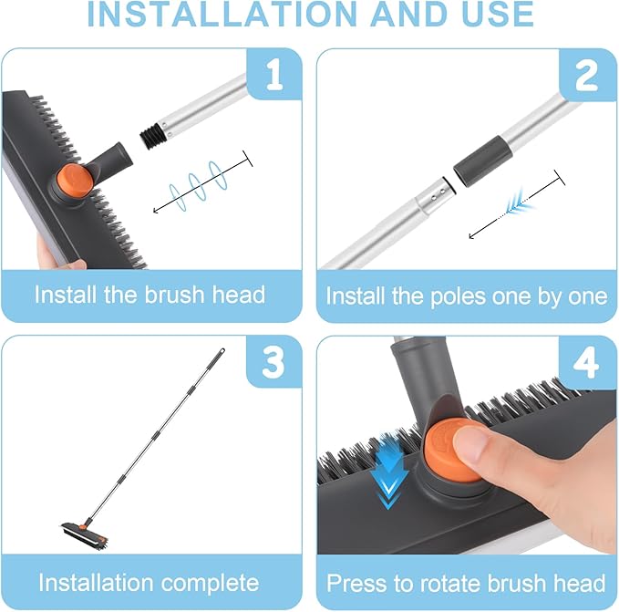 Floor Scrub V Brush with Long Handle 4 in 1 Silicone Scrape and Stiff Bristle Scrubber 360° Cleaning Brush with Tweezers for Shower Bathroom, Patio, Garage, Kitchen, Wall and Deck