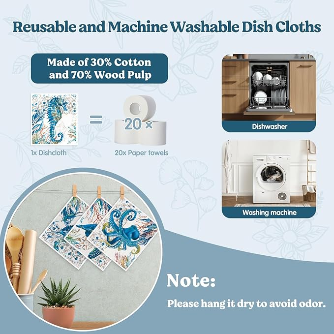 Swedish Dishcloths for Kitchen, Summer Coastal Ocean Seahorse Beach Decor Kitchen Dish Towels for Washing Dishes, 4 Pack Reusable Paper Towels, Sponge Cloths for for Home Cleaning Cooking