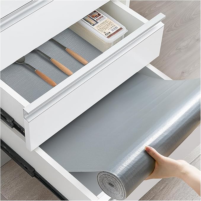 Drawer and Shelf Liner, Non-Slip Kitchen Cabinet Liners Non-Adhesive Thick Strong Grip Waterproof Washable Mats Protect Dresser Shelves Cupboard Bathroom Cabinets, Pure Gray, 18 in X 20 FT