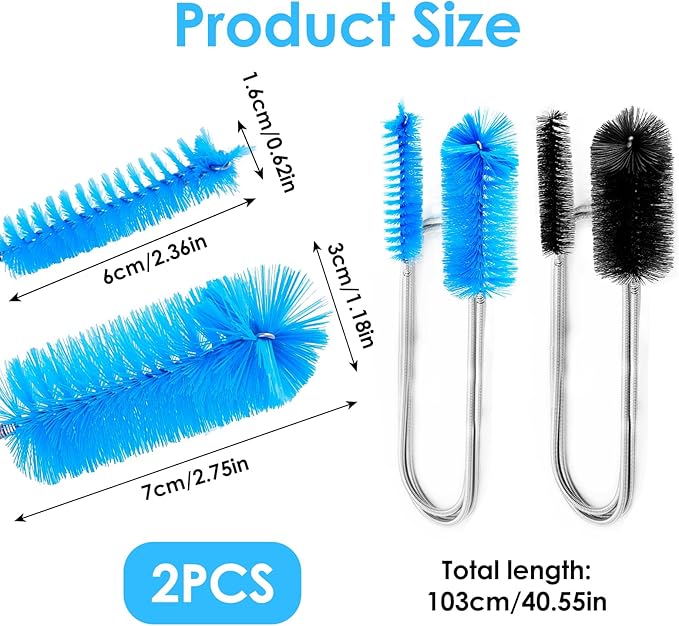2 Pcs Flexible Drain Pipe Cleaning Brush, 36" Extra Long Double Ended Nylon Bristles and Stainless Steel Tube Cleaners, 2 Brush Head Sizes for Kitchen Sink, Pipe and Hose Cleaning (Black+Blue)
