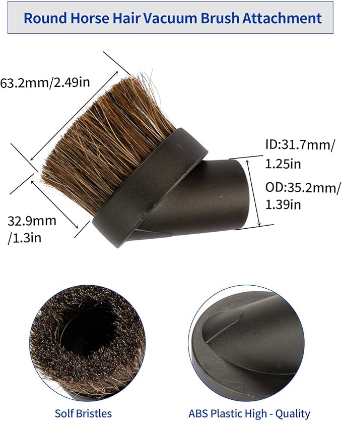 Round Horse Hair Brush Vacuum Attachment for Shark Vacuum Brush Attachment with 1-1/4” to 1-3/8” Adapter, For Shark Vacuum Attachments, for Dusting Car Seats & Upholstery, 2 Pack