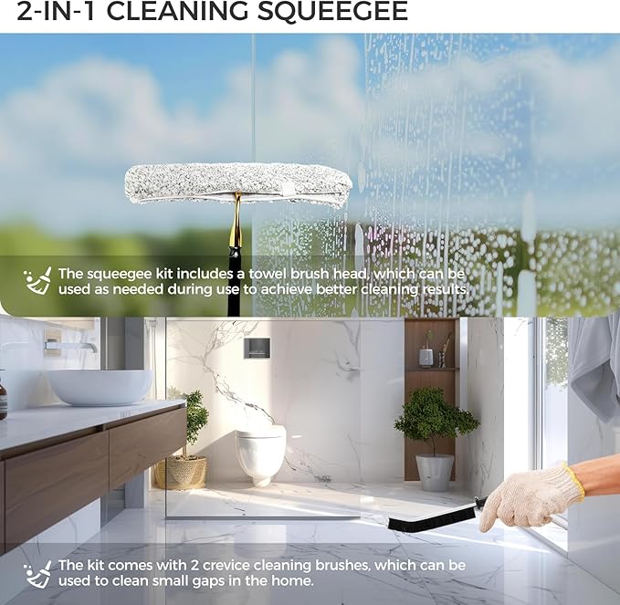 59.5" Long Handle Window Squeegee with Extension Pole, 12.4" Wide Metal Shower Squeegee for Glass Doors, Floor Squeegee for Home Window Cleaning, Tile Wall, Car (Gold)