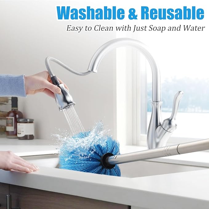 Duster, Cobweb Duster with Extension Pole, Medium Stiff Bristles Cobweb Duster Head & 6-Feet Stainless Steel Pole Ceiling Fan Duster for Outdoor Indoor Cleaning