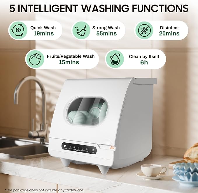 Portable Countertop Dishwasher, 5 Wash Programs, 1200W Mini Countertop Dishwasher with Tank Leak Proof Drying, Portable Compact Dishwasher for Apartment/Kitchen/RV/Camping