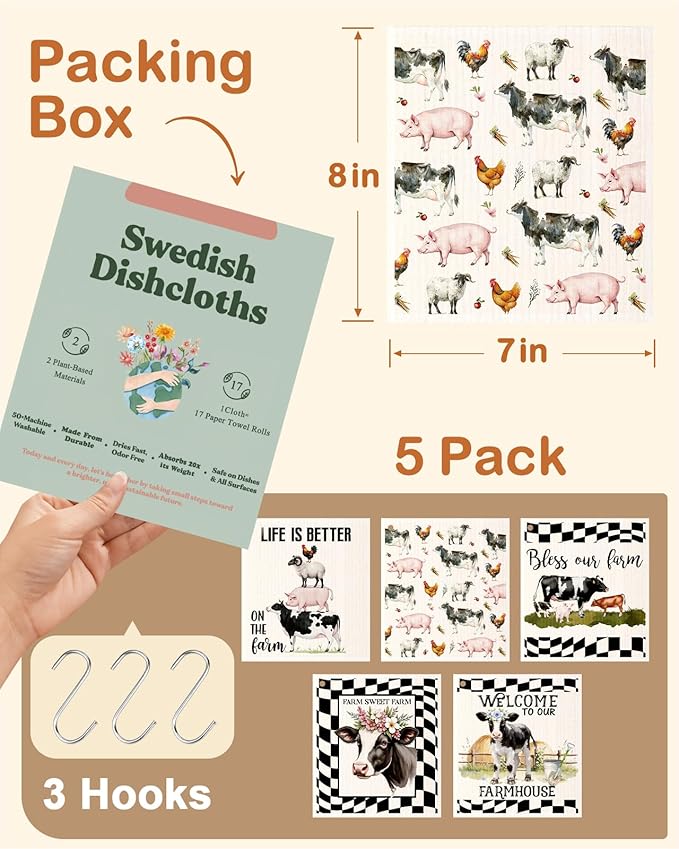 Swedish Dishcloths for Kitchen with Hooks - Reusable Dish Cloths for Washing Dishes Fast Drying Cute Fun 5 Pack Swedish Dish Towels Washable Cleaning Sponge, Black White Farm