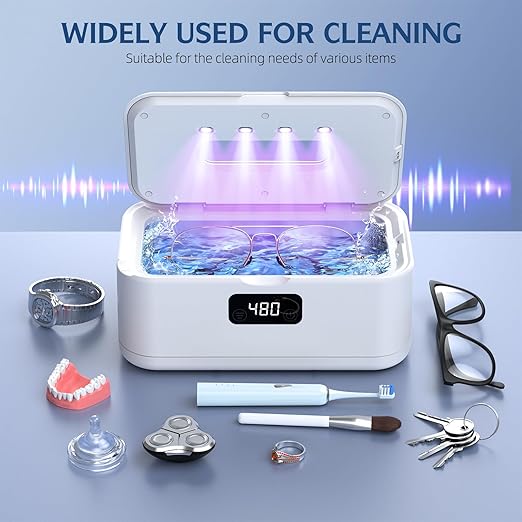 Ultrasonic Jewelry Cleaner, 50Khz Jewelry Cleaner Ultrasonic Machine for Jewelry, Eyeglasses, Rings, Watch Strap, Dentures, 24oz - 304 Stainless Steel Tank, Digital Timer, 5 Cleaning Modes(White)