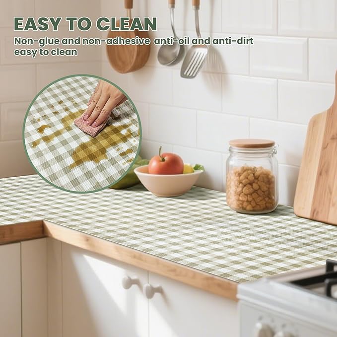 Drawer Liner and Shelf Liner for Kitchen Cabinet Liner Non-Adhesive Non-Slip Shelf Paper, Thick Strong Grip Waterproof Easy to Clean for Shelves, Cupboard, Desks, Green Plaid Pattern, 12 in x 20 FT