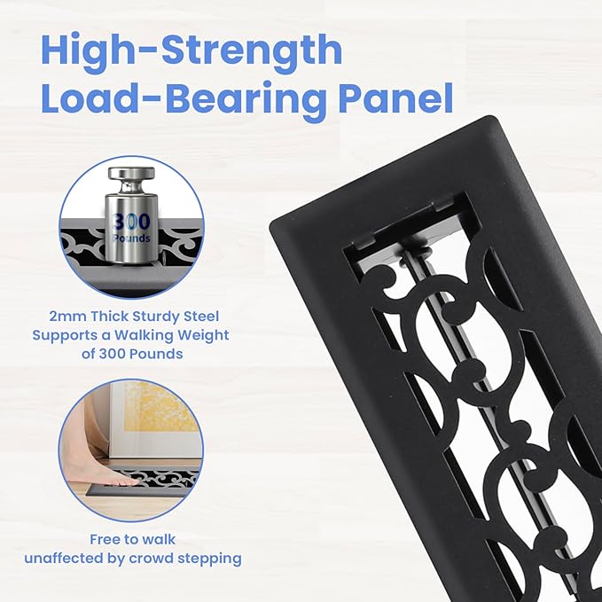 2x12 Inches 2 Pack Heavy Duty Walkable Floor Register - Easy Adjust Air Supply Lever Decorative Floor Vent Covers - Savannah Design Vent Covers for Home - Matte Black