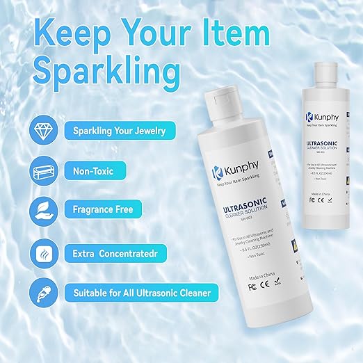 kunphy Sonic Jewelry Cleaner - Effective Solution for Cleaning Gold, Silver, Platinum, Diamonds, and eyeglasses watch, 8.5 oz (250 ml)