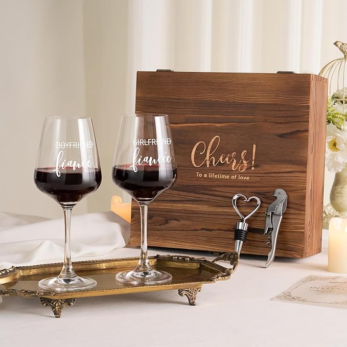AW BRIDAL Engagement Gifts for Couples Wine Glasses Set, 2026 Fiance Gifts for Women and Newlyweds, Engaged Wine Glasses with Wine Stopper and Wood Keepsake Box, Bridal Shower Gifts for Bride