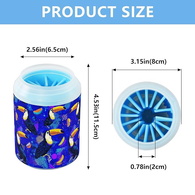 Dog Paw Cleaner Cups for Dogs Pet Foot Washer Paw Scrubber for Medium Small Large Dogs Cats Cleaning Cup Bright Blue Toucans Fruit Slices