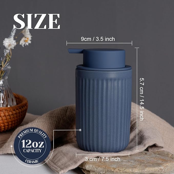 INGOFIN Ceramic Foaming Soap Dispenser - 12oz Foam Hand Soap Dispenser Bathroom, Modern Refillable Dish Dispenser with Pump for Kitchen, Matte Blue