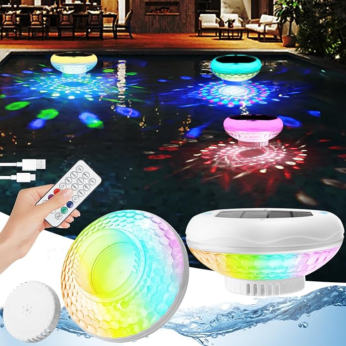 Solar Pool Chlorine Floater, USB Rechargeable Floating Pool Lights, 2600mAh 6.69” IP68 Waterproof Floating Chlorine Dispenser,13 Color Modes Adjustable Release Solar Chlorines Floater 4 Pack