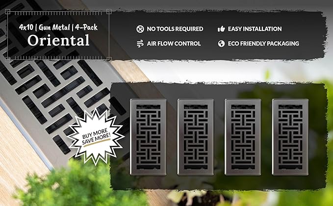 Decor Grates (4-Pack) AJH410-GM Oriental Floor Register, 4x10 Inches, Gun Metal Finish