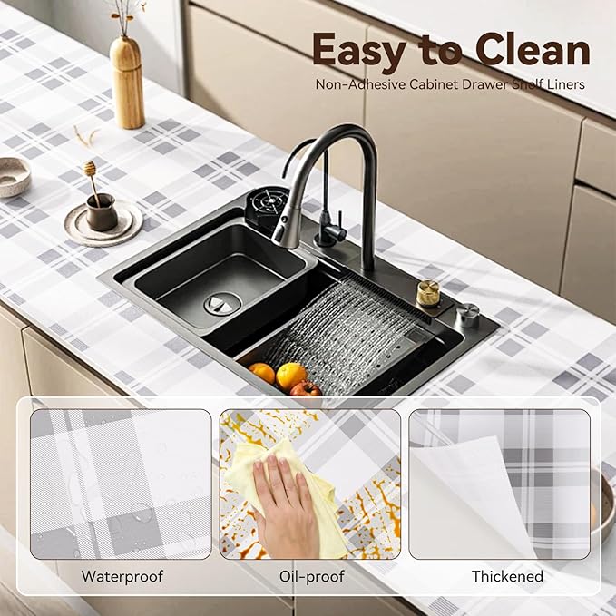 Drawer Shelf Liner for Kitchen Cabinets, Non Adhesive Slip Resistant Shelf Paper Easy to Clean, Strong Grip Thickened Waterproof Washable Mats for Pantry Shelves Cupboard Dresser(Grey, 24 in x 10 FT)