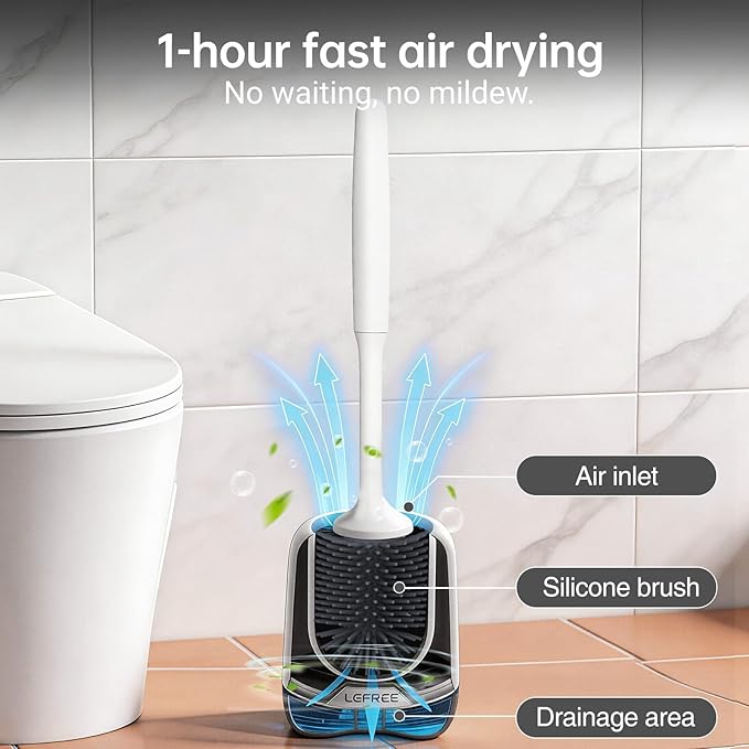Lefree Silicone Toilet Brush and Holder Set with Ventilated Holder, Floor Standing & Wall Mounted Toilet Scrubber