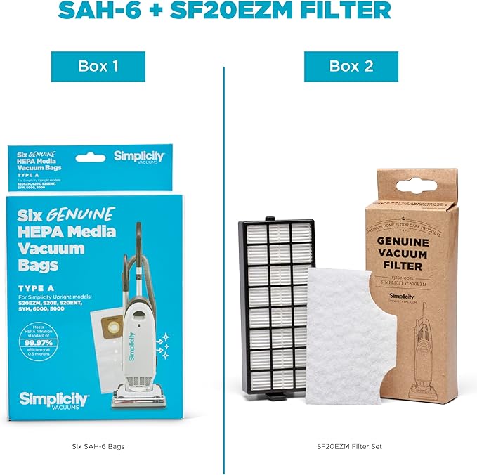 Simplicity Vacuums Bundle with Type A Vacuums Bags and Filter Set for S20EZM Allergy Upright Vacuum, SAH-6 Vacuum Bags and SF20EZM Filter Set with Certified HEPA Filtration, S20EZM bags