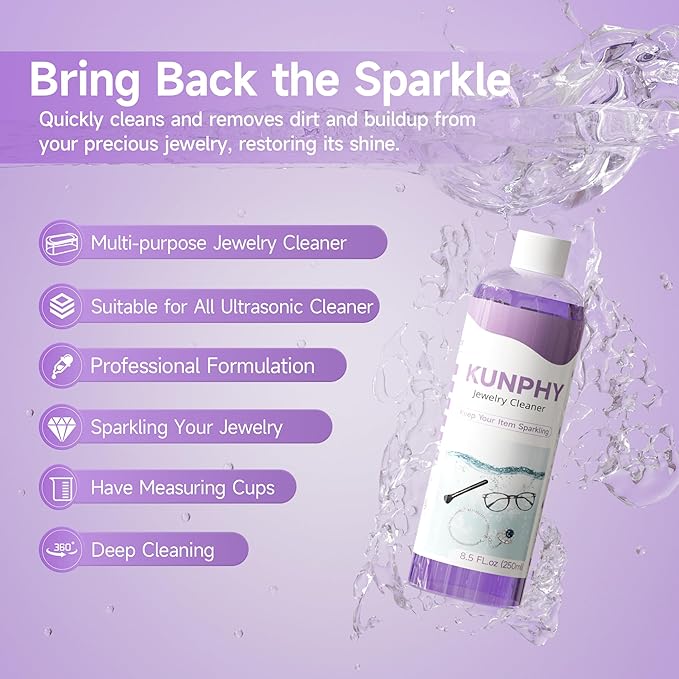 Upgraded KUNPHY Jewelry Cleaner, New Plant Formula for All Ultrasonic Cleaners, Enhanced Cleaning Effect, Multi-Purpose Glasses cleaner for Silver, Gold, Rings, Diamond and Eyeglass(8.5 oz, 250 ml)