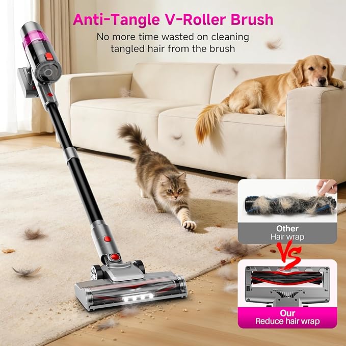 Cordless Vacuum Cleaner: 40KPA Powerful Suction Cordless Stick Vacuum Cleaners for Home, Anti-Tangle Brush, Lightweight, 6-in-1 Rechargeable Vacuum for Pet Hair/Carpet/Hard Floor(Purple)