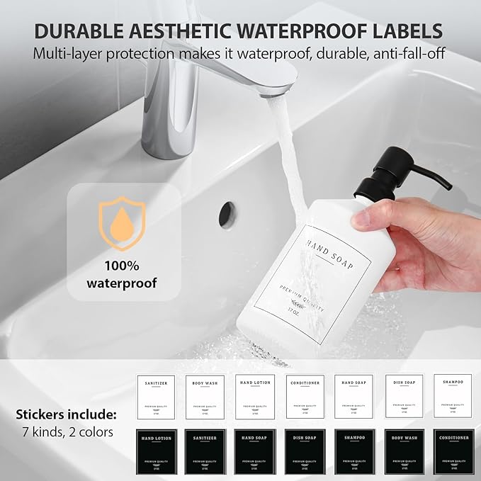 White Glass Kitchen Soap Dispenser Set, 17 OZ Hand and Dish Soap Dispenser Set with Rustproof Stainless Pump, 14 Waterproof Labels, Non-Slip Tray, Modern Bathroom Accessories(White Bottle/Black Pump)
