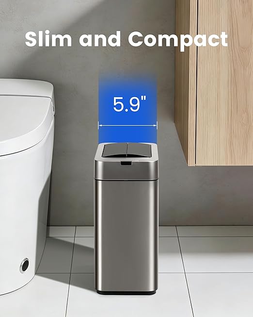 ELPHECO Bathroom Trash Can with Lid 2.6 Gallon Smart Trash Can Slim Motion Sensor Garbage Can Automatic Stainless Steel Wastebasket Bathroom Decor for Bedroom Office Toilet Silver